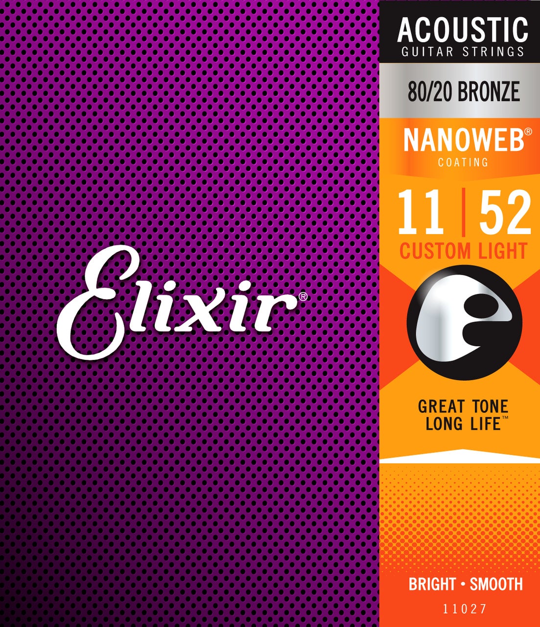 Elixir 11027 Nanoweb 80-20 Custom Light 11-52 Acoustic Guitar Strings