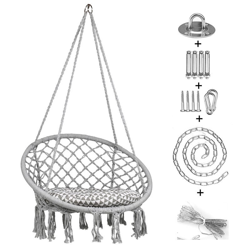 Kezza Home Macrame Hanging Swing Hammock Chair Durable Hardware Kit with Comfortable Cushion Ambience LED Light, Handmade Knitted Mesh Rope Indoor/Outdoor/Home/Bedroom/Patio/Yard/Deck (Grey)