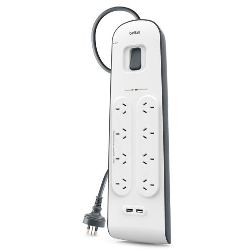 Belkin BSV804 Power Surge Protector - 8 Outlets - 2m Cord - 2 USB Ports 2.4A - Charge Tablets and Smartphones - Including iPad at Highest Charge Speeds - 900 Joules of Protection AU/NZ [BSV804AU2M]
