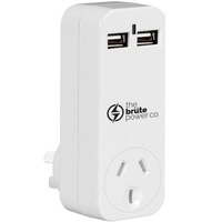 The Brute Power Co BPAUSB2 1 Socket Adaptor - 2x USB Ports - Surge Protection - White Suits AU / NZ Socket / Plug [BPAUSB2]
