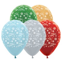 Merry Christmas Snowflakes Satin Pearl & Metallic Assorted Latex Balloons, 25 Pack
