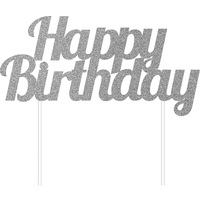 Silver Happy Birthday Glitter Cake Topper