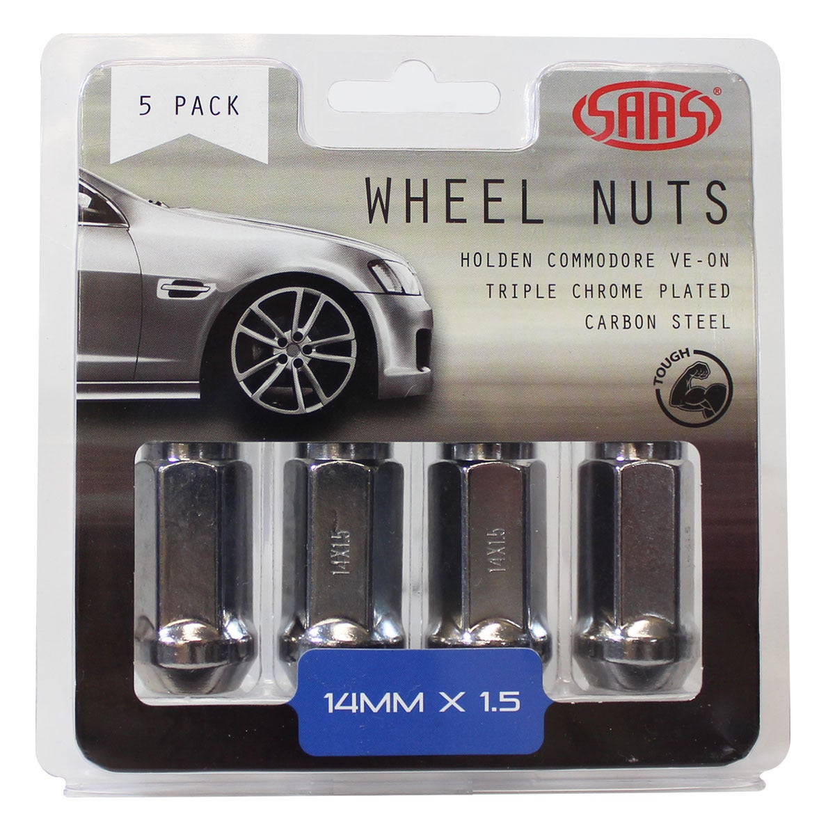 SAAS Wheel Nuts Flat Head Bulge 14x 1.5 Chr 45mm 5Pk 445995