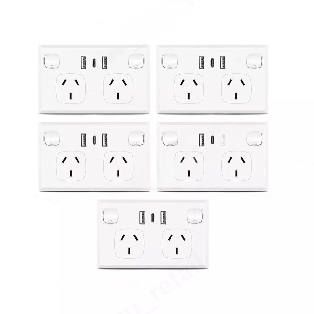 5X FAST Charge 3.6 amp Dual USB+Type C Double Power Point GPO Wall