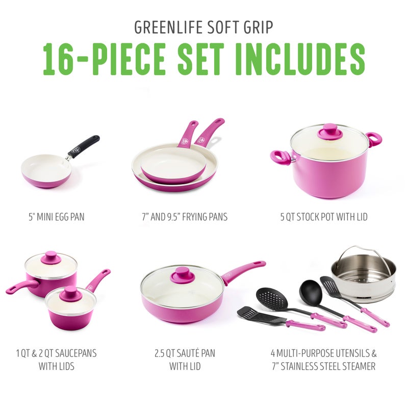GreenLife Soft Grip Healthy Ceramic Nonstick, Cookware Pots and Pans Set, 16 Piece, Soft Pink
