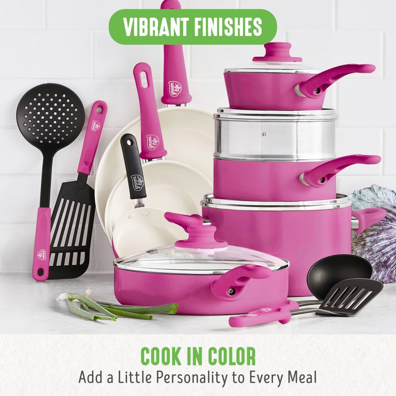 GreenLife Soft Grip 18 Piece Cookware Set, Pink, Size: 18pc
