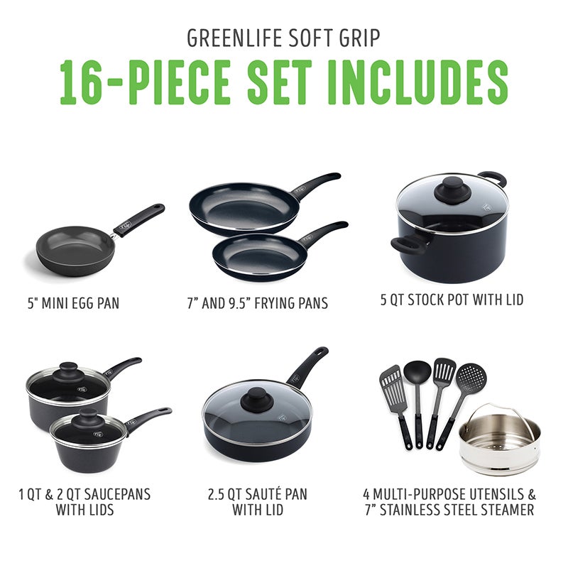 GreenLife Soft Grip Healthy Ceramic Nonstick Yellow Cookware Pots and Pans Set 16-Piece