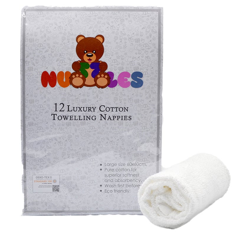 Nuzzles Reusable Towelling Cotton Nappies 12 Pack 60 x 60cm