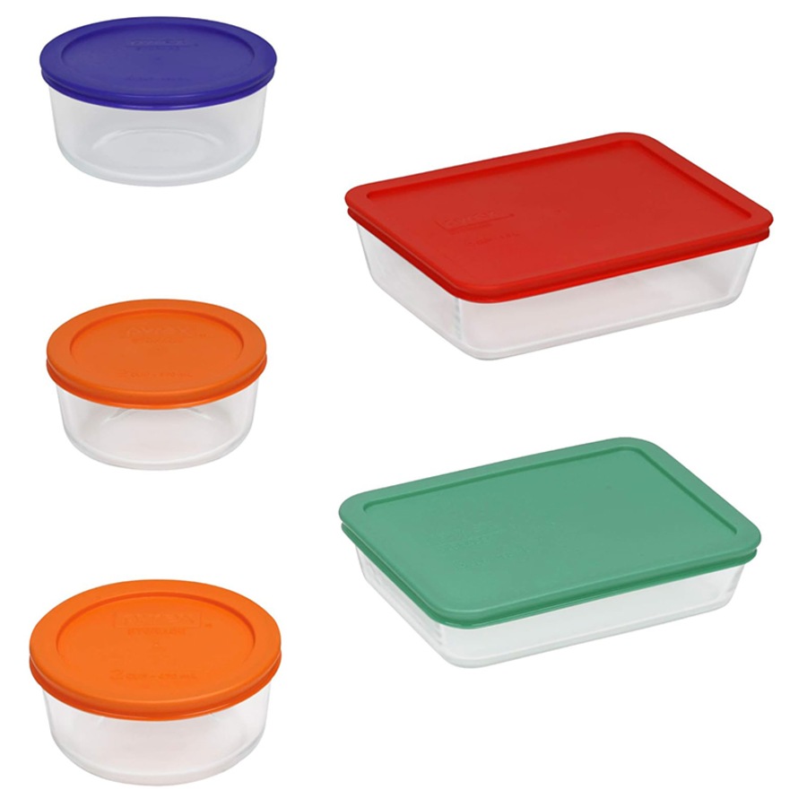 Pyrex Simply Store 10-Piece Glass Food Storage Container Set with Coloured Lids