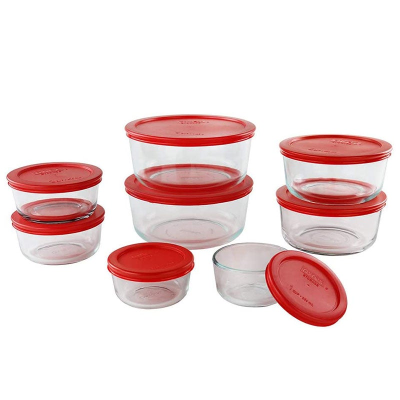 Pyrex Simply Store 16-Piece Round Glass Food Container Set with Red Lids