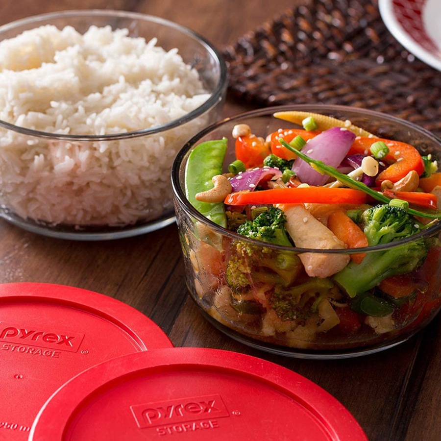 Pyrex Simply Store 16-Piece Round Glass Food Container Set with Red Lids