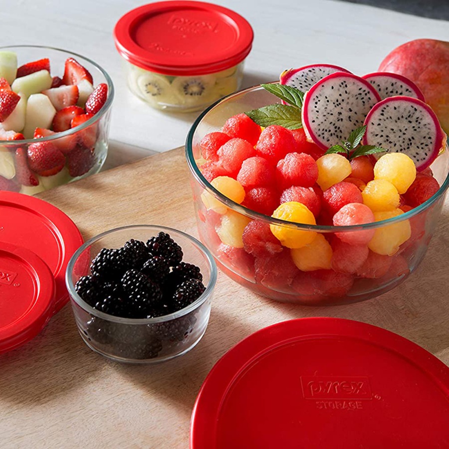 Pyrex Simply Store 16-Piece Round Glass Food Container Set with Red Lids