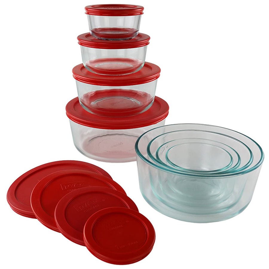Pyrex Simply Store 16-Piece Round Glass Food Container Set with Red Lids
