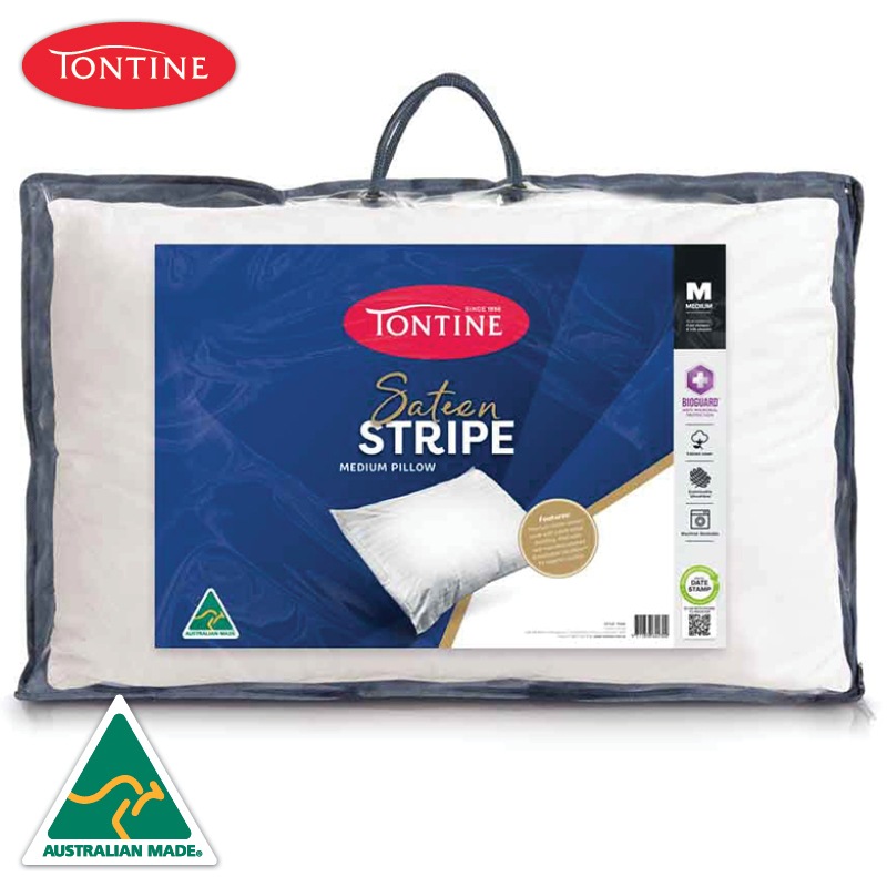 Buy Tontine Cotton Sateen Stripe Antibacterial Australian Made Medium Pillow MyDeal