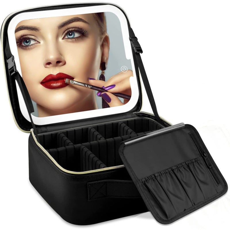 Travel Adjustable Compartment Beauty Cosmetic Makeup Bag with LED Mirror