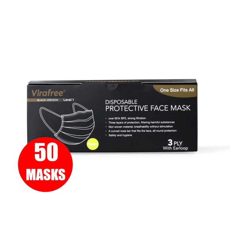 Buy Virafree 3 Layer Disposable Protective Face Mask Black 50 Pack MyDeal