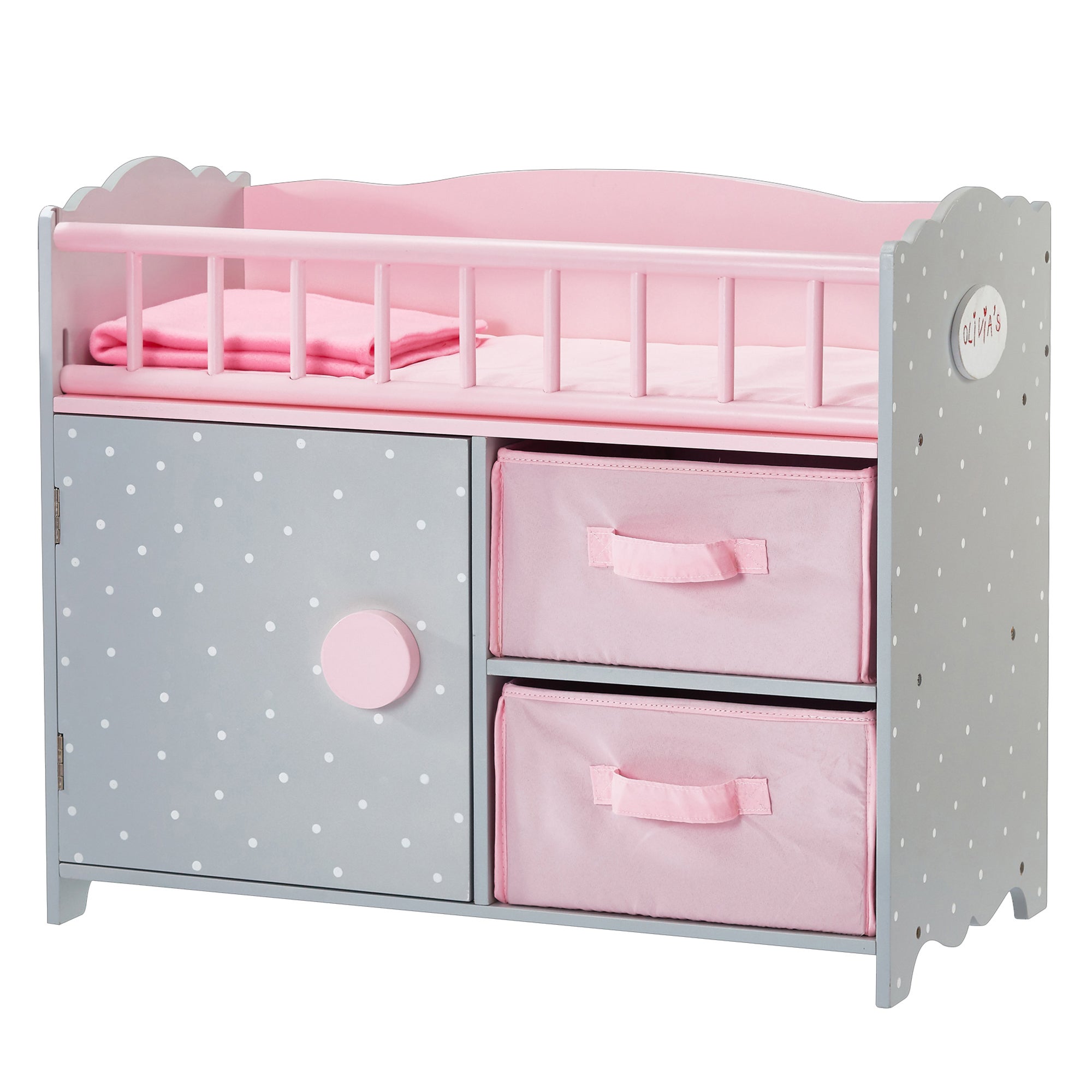 Teamson Kids - Polka Dots Princess Baby Doll Crib with Cabinet and Cubby