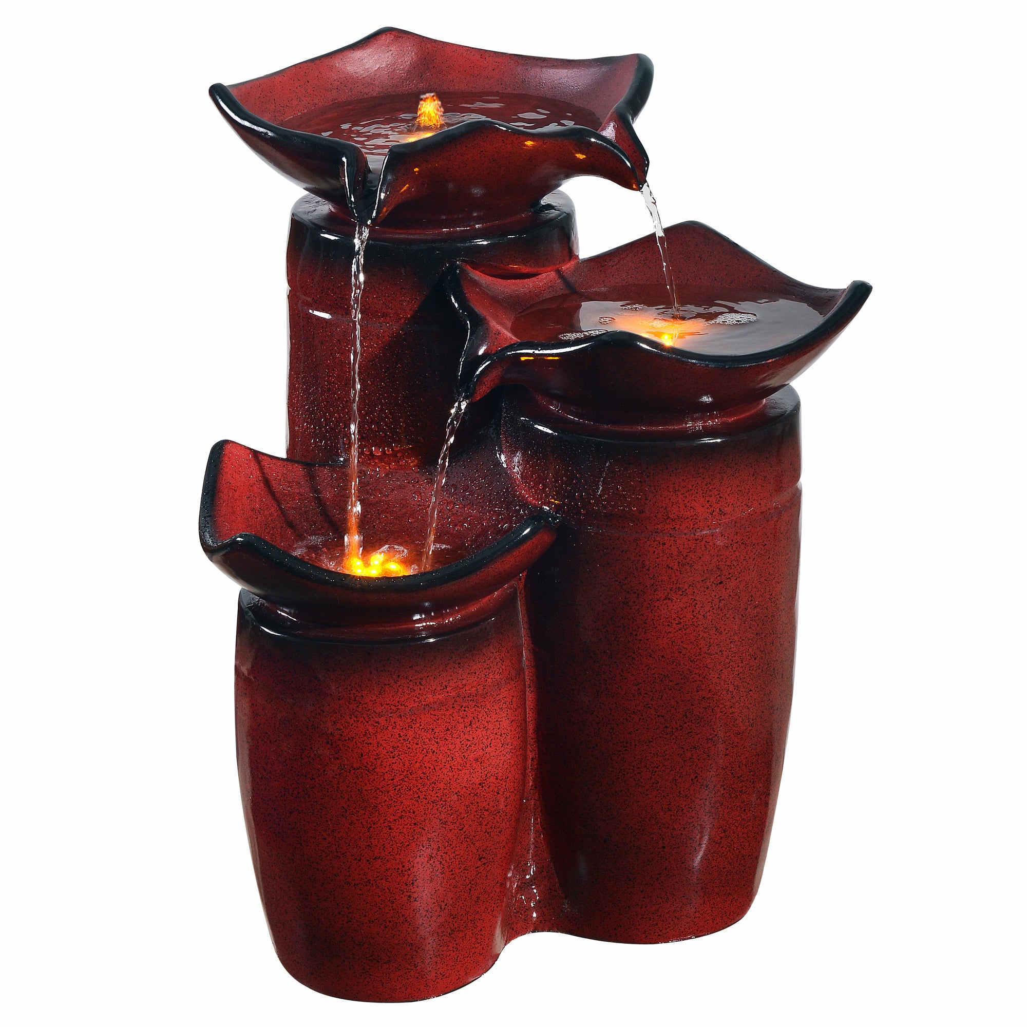 Teamson Home Water Fountain & Lights Indoor Outdoor Garden 3Tier Glazed Pot Red PF001