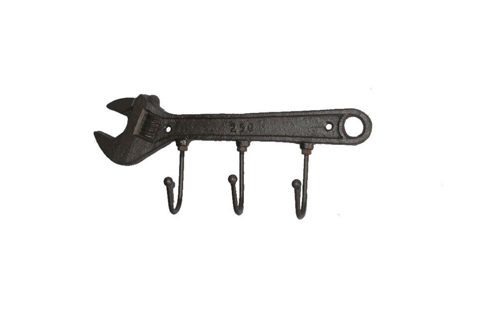 Mr Gecko Cast Iron Hand Made Wall 3 Hook Hanger Wrench Design Antique Rust