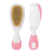 Brush & Comb Set With Natural Bristles (Pink)