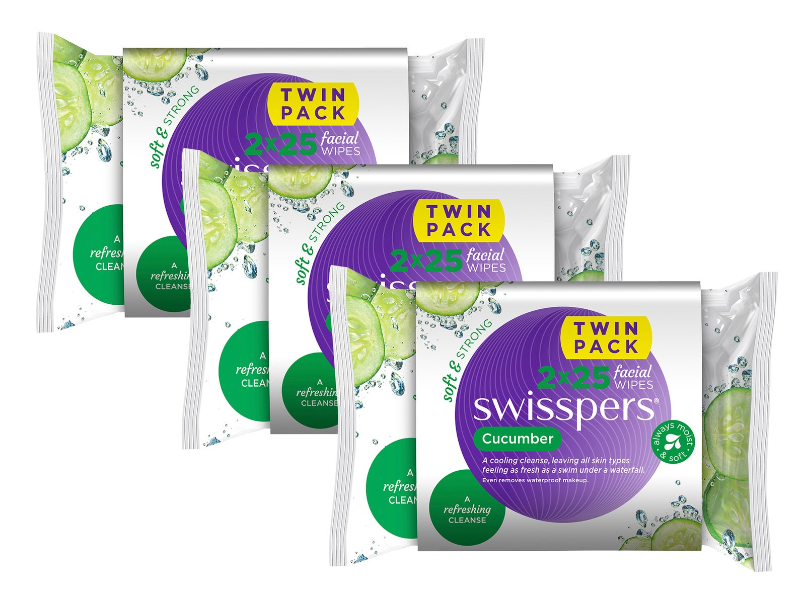 3 x Swisspers Cucumber Facial Cleansing Facial Wipes 2x25 Pack