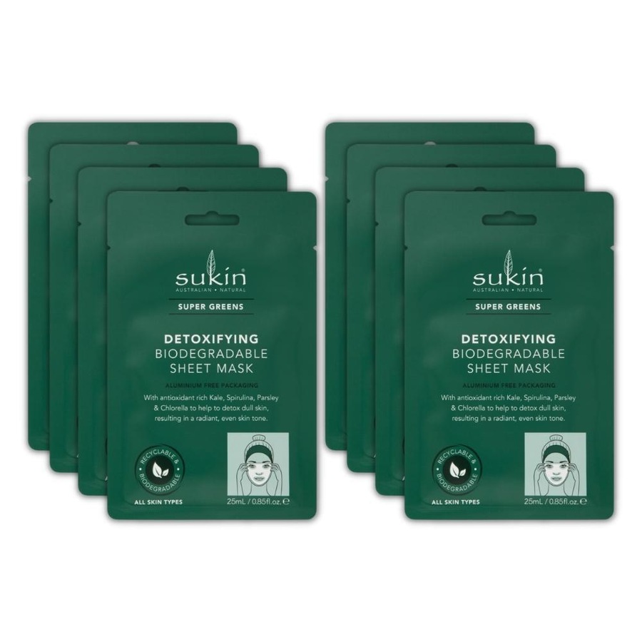 8 x Sukin Super Greens Detoxifying Biodegradable Sheet Face Mask 25mL