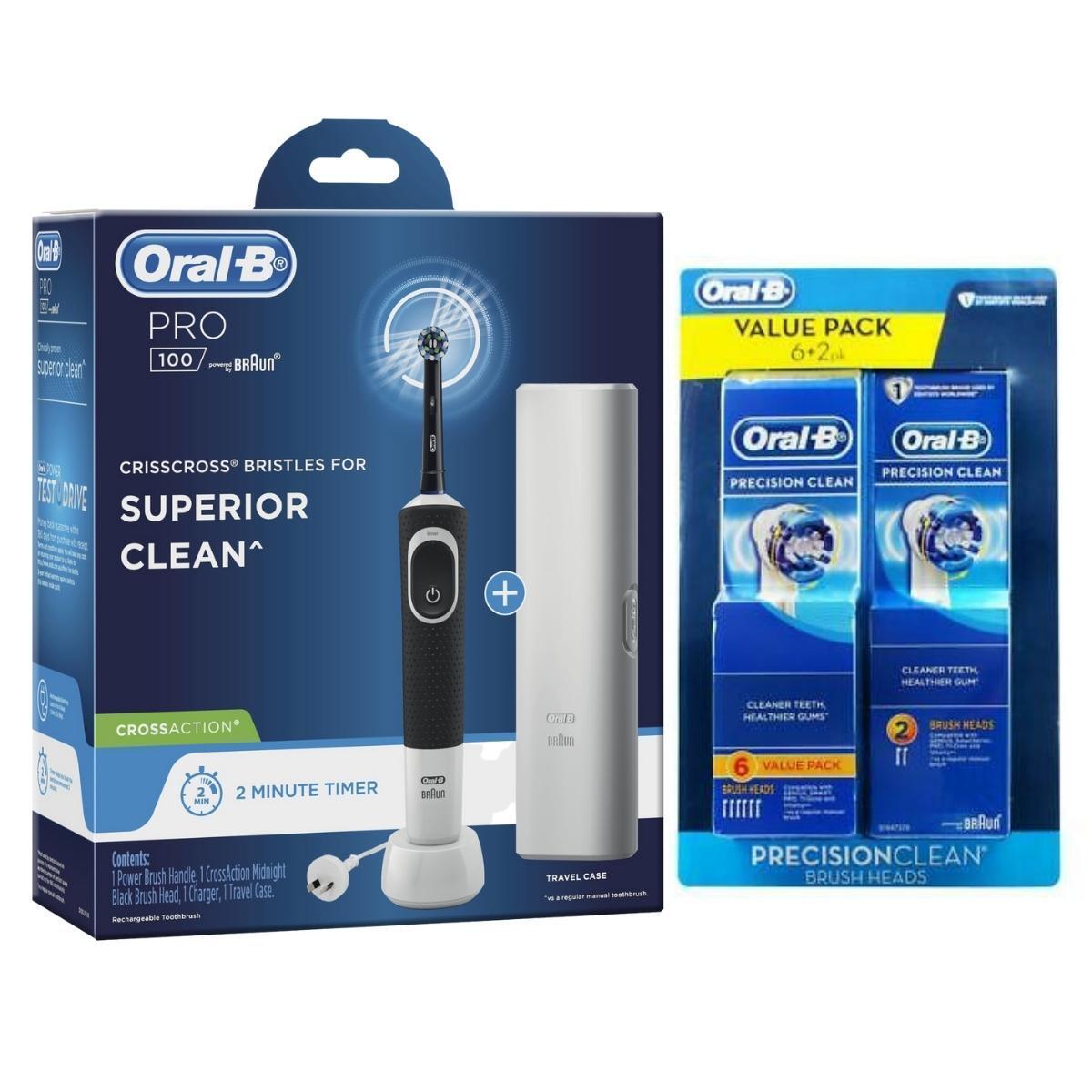 Buy Oral-B Pro 100 Crossaction Electric Toothbrush Midnight Black + 8Pk ...