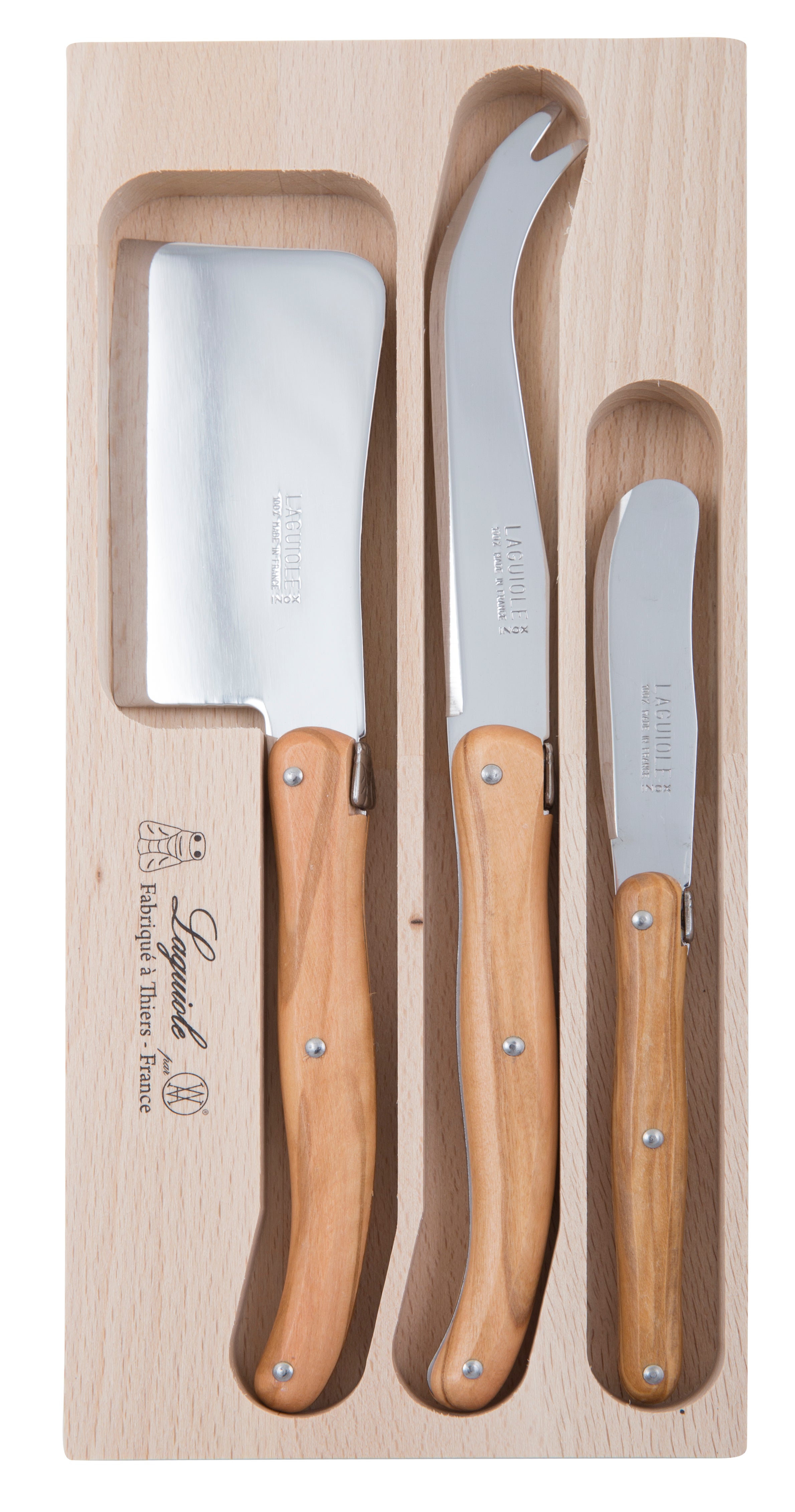 Andre Verdier Debutant Cheese Knife Set of 3 Stainless Steel Knives - Olive Wood