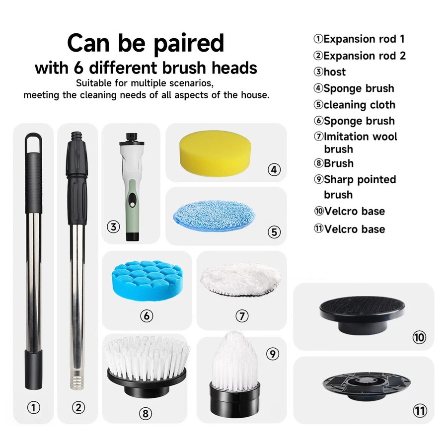 6HEAD Turbo Spin Scrub Mop Bath Cleaning Brush High Floor Scrubber Hurricane