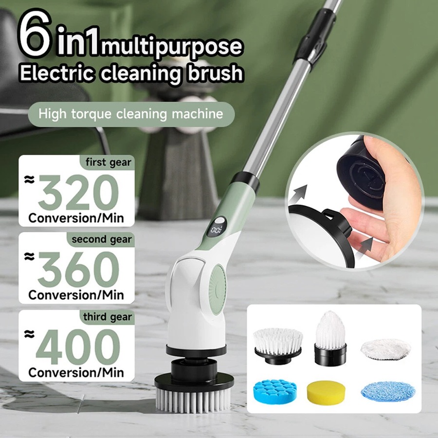 6HEAD Turbo Spin Scrub Mop Bath Cleaning Brush High Floor Scrubber Hurricane