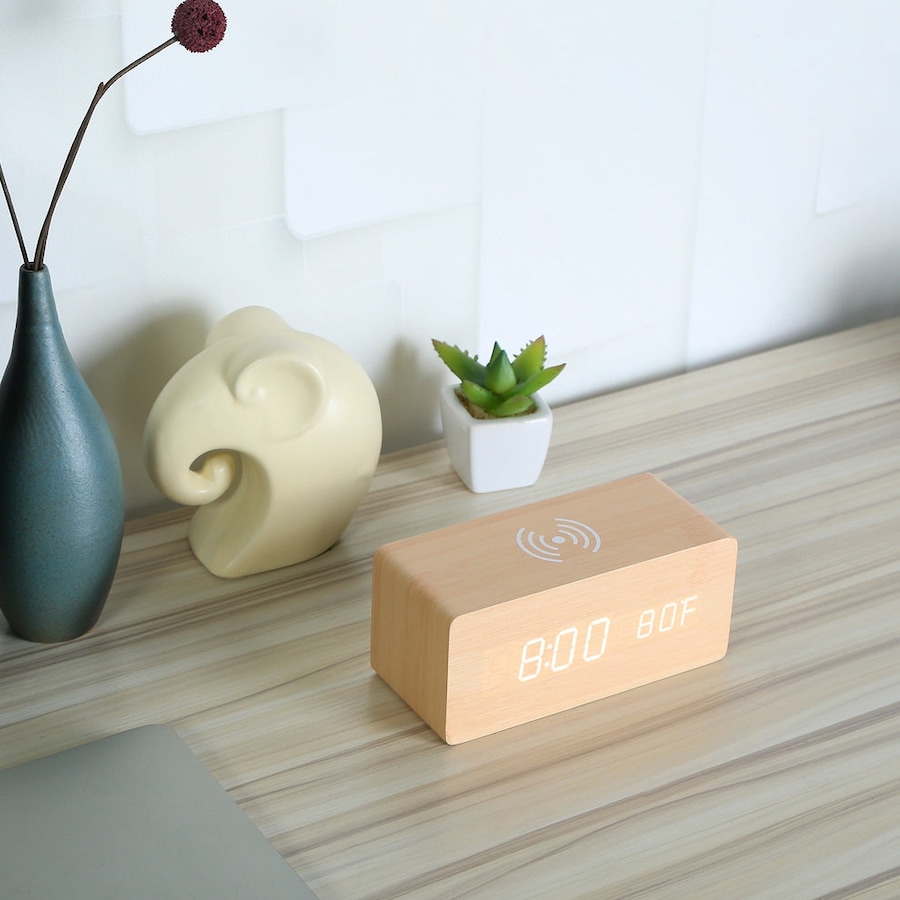 Digital Alarm Clock Wooden Table Desk Bedside LED Clock With Wireless Charger
