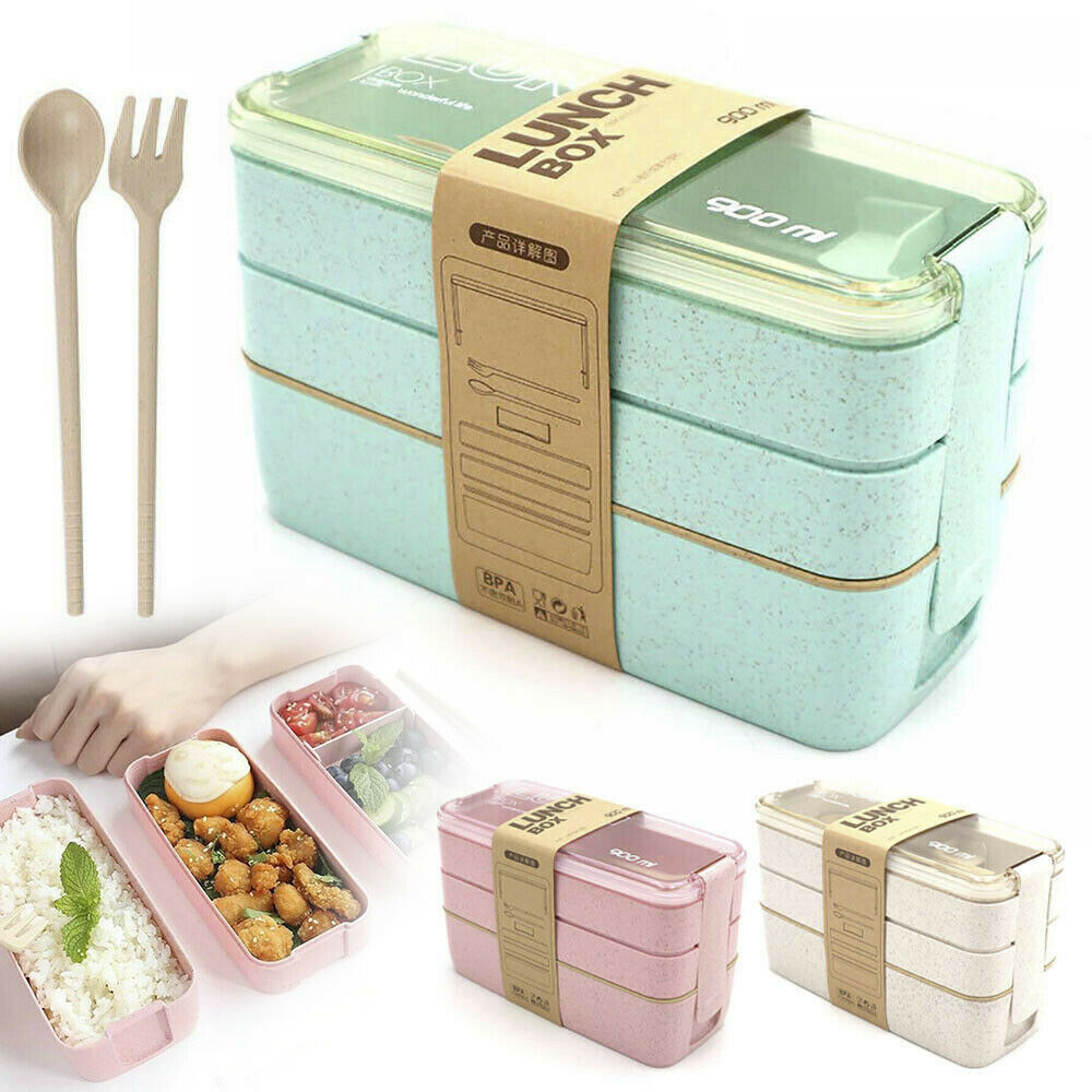 Food Container 900ml 3-Layer Bento Box Students Lunch Box Eco-Friendly Leakproof