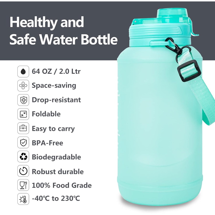 Large 64oz Half Gallon Sports Collapsible Water Bottle Green