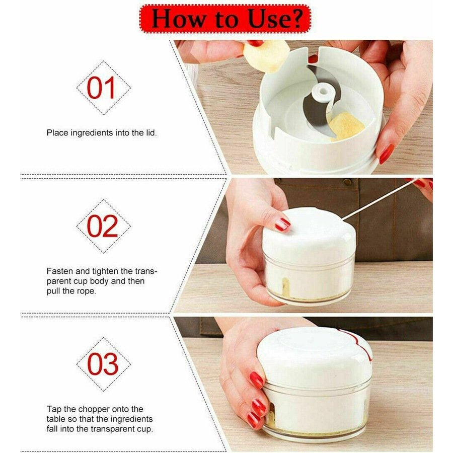 Manual Pull Mini Chopper Stainless Steel Blade Cord Chop Salad Bowl Hand Food