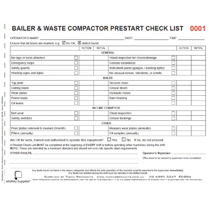 Buy Bailer & Waste Compactor Prestart Checklist MyDeal