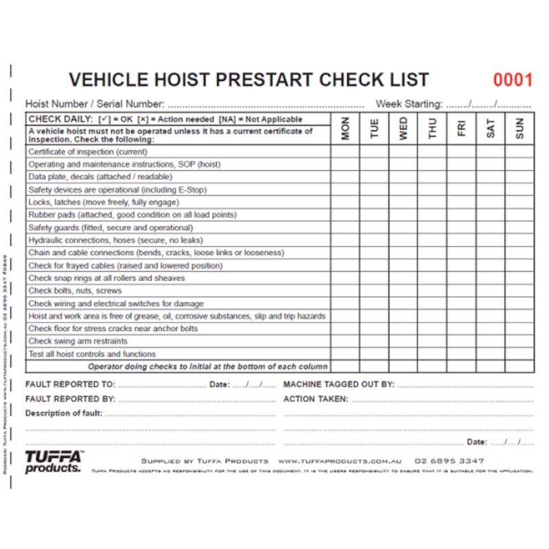 Buy Vehicle Hoist Prestart Checklist Books - MyDeal