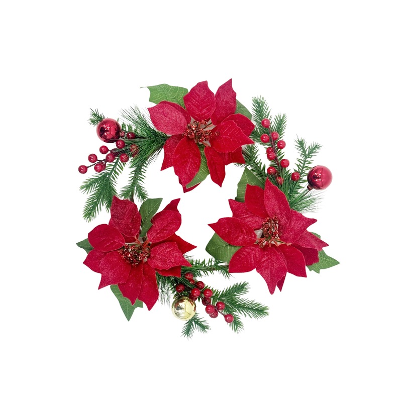 Buy bulk 8 Xmas Faux Velvet Poinsettia Pinecone Berry Wreath 35x35cm