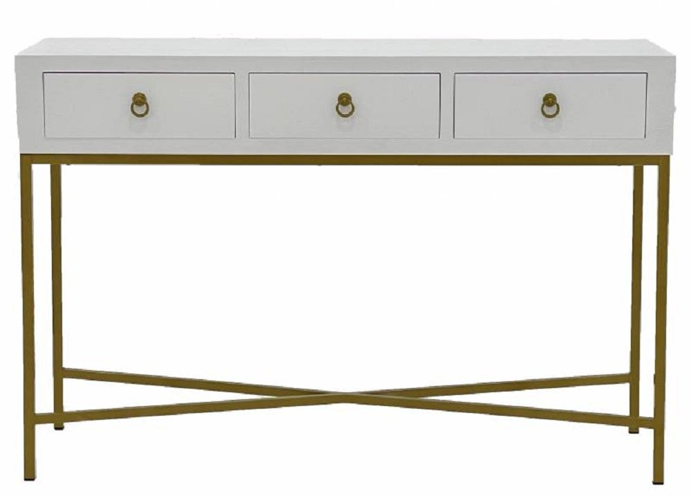 Jhenn 3 Drawer Console Table White Gold Hallway Hall Unit Entry Side 45x65cm