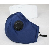Reusable Cotton Cloth Face Mask w/ 2 PM2.5 Filters Adjustable w/ Breathing Valve 3Ply Blue