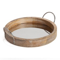 Round Mirror Based Mango Wood Tray w Handles 33x13cm