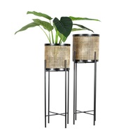 Set 2 Rattan Look w Black Stilted Metal Planters 27x90cm