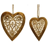 Set 2 Mango Wood Carved Hanging Hearts 11x15cm