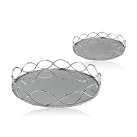 Set 2 Round Silver Mirror Tray 30x5cm