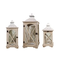 Set 3 Natural Wooden Lantern W White Metal Top 31x75cm