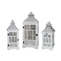 Set 3 White Wooden Lantern W Metal Roof 31x79cm