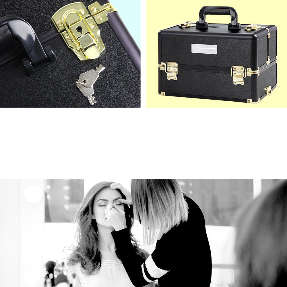 7 in 1 Portable Cosmetic Suitcase Trolley - Black and Gold