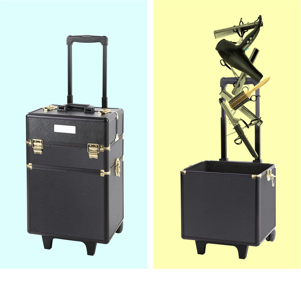 7 in 1 Portable Cosmetic Suitcase Trolley - Black and Gold