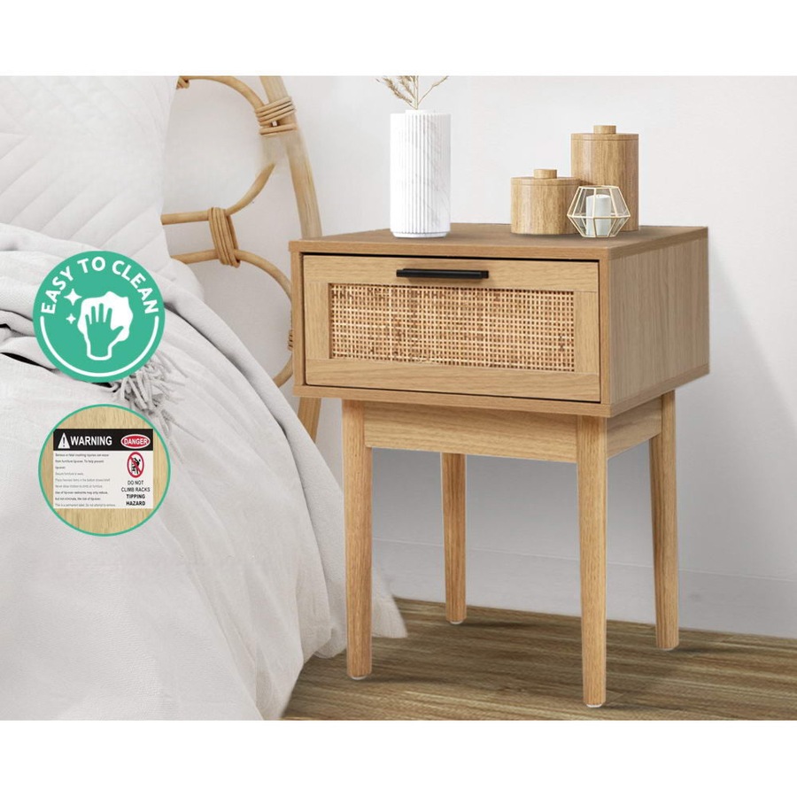 Bedside Tables Table 1 Drawer Storage Cabinet Rattan Wood Nightstand