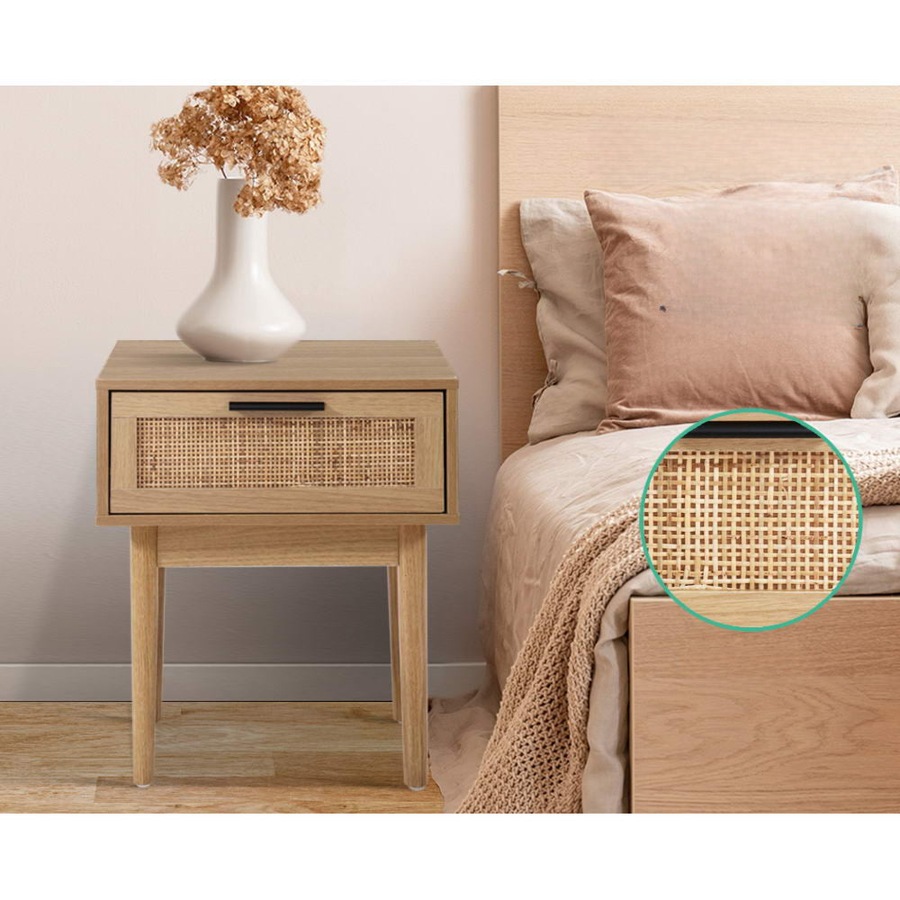 Bedside Tables Table 1 Drawer Storage Cabinet Rattan Wood Nightstand