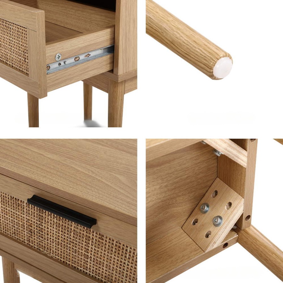 Bedside Tables Table 1 Drawer Storage Cabinet Rattan Wood Nightstand
